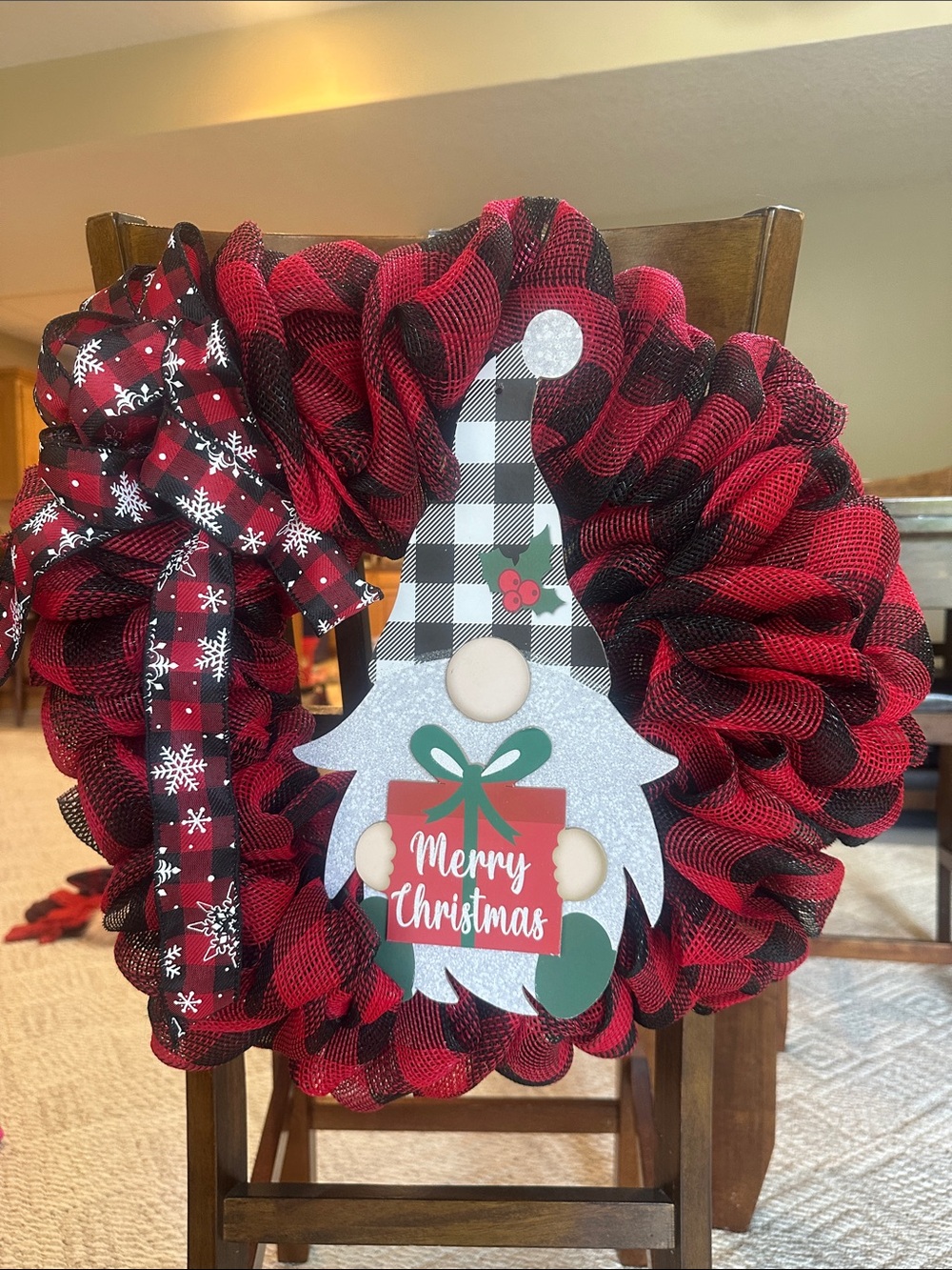 🎅 Festive Red & Black Buffalo Plaid Ribbon Christmas Gnome Wreath